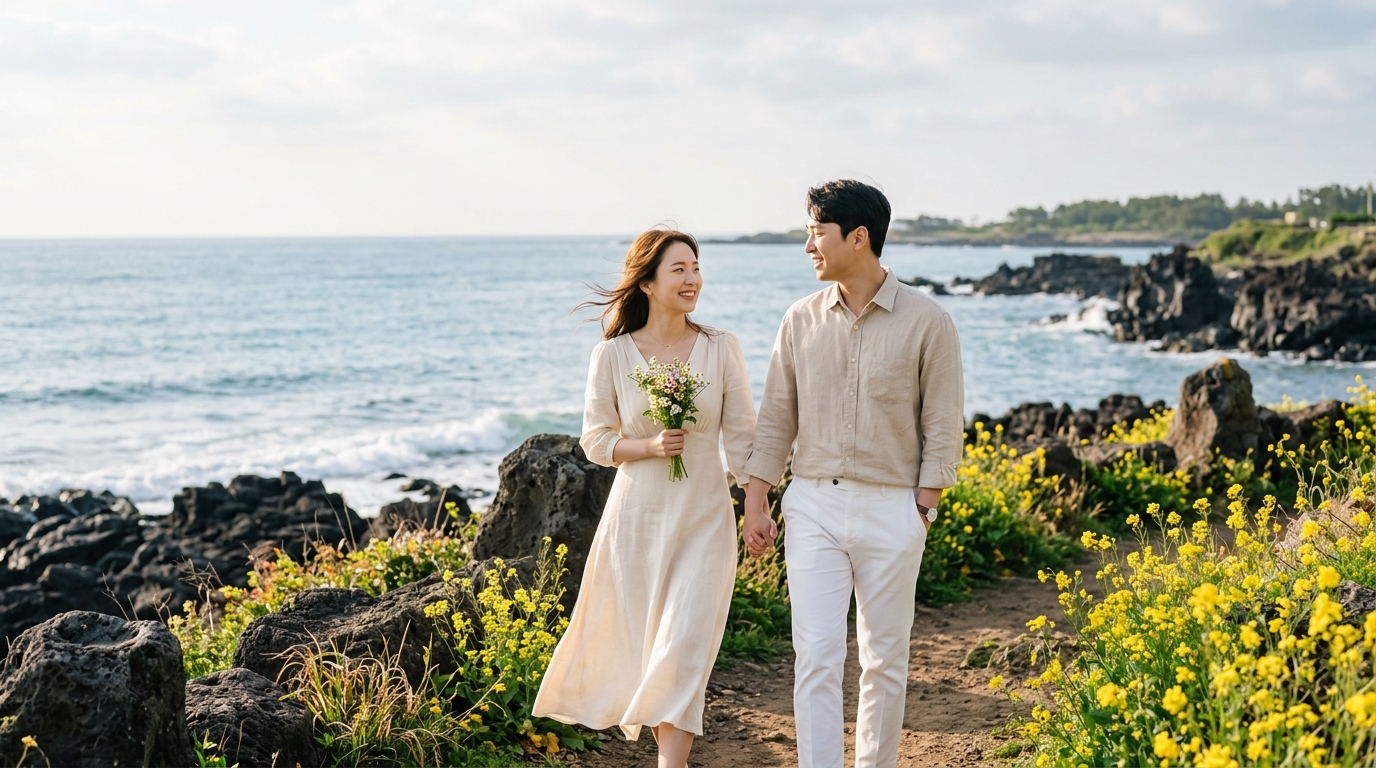 Couple walking the Jeju coast
